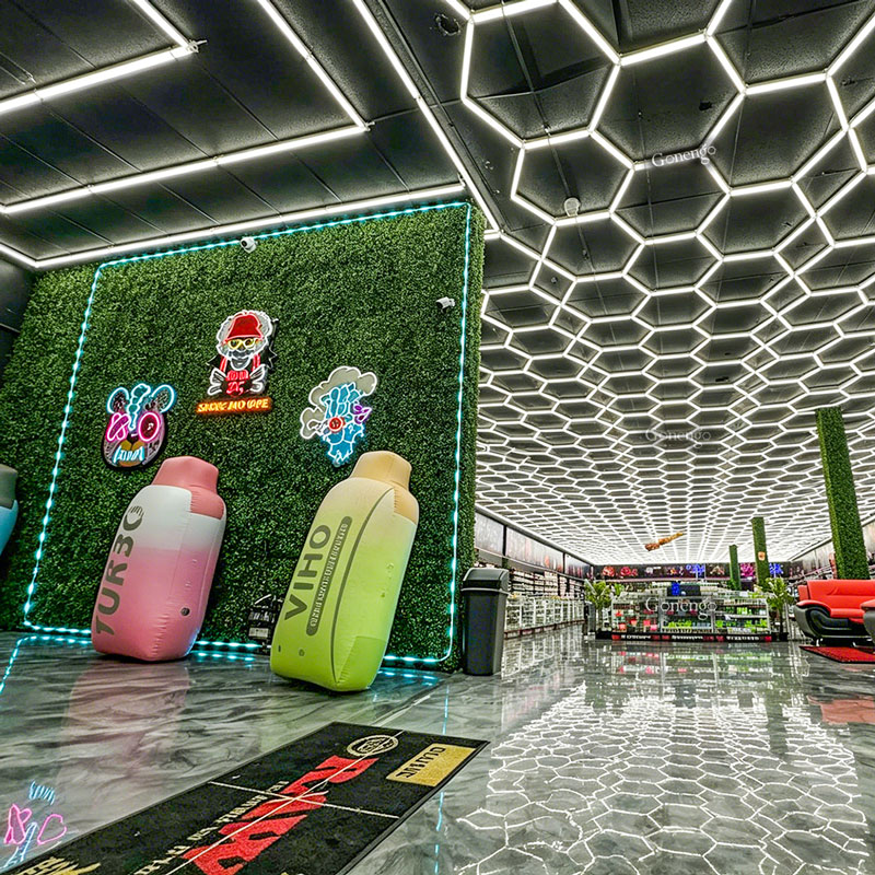 What is the best smoke store ceiling idea? 7 hexagon-lights-for-smoke-shop