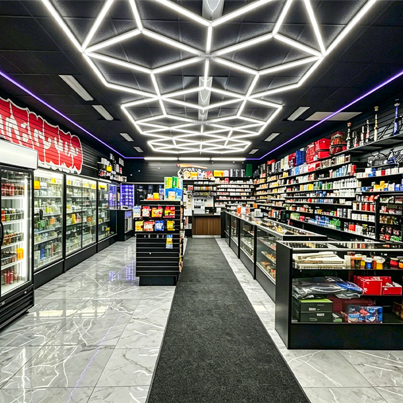 How can I make my smoke shop ceiling look unique? 7 geometric-LED-lights-for-smoke-shop