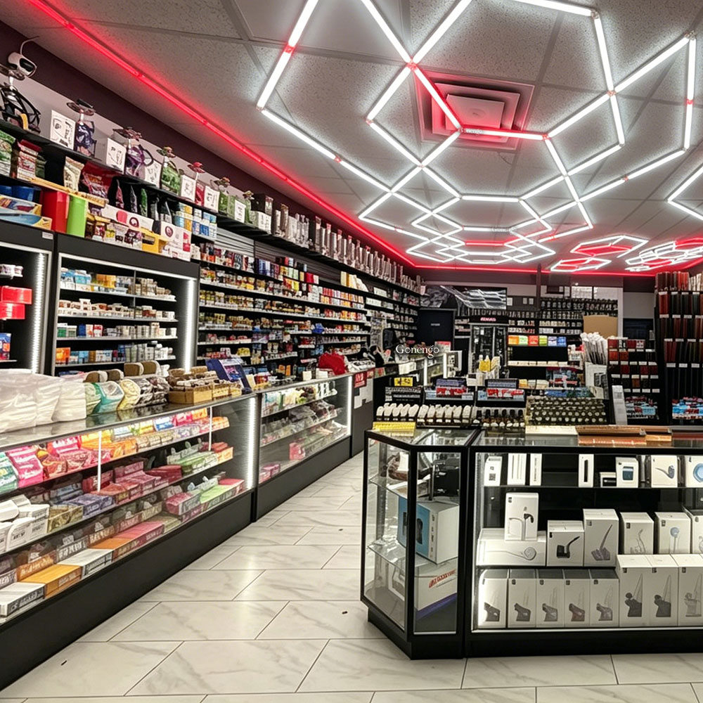 How can I make my smoke shop ceiling look unique? 8 geometric-LED-lights-for-smoke-shop